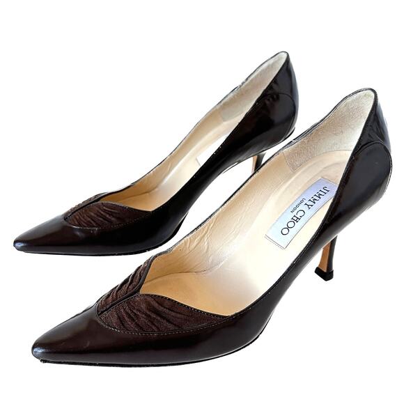 Jimmy Choo Dark Brown Leather Pointed Toe Heels Pumps Size 37.5 - Picture 1 of 14
